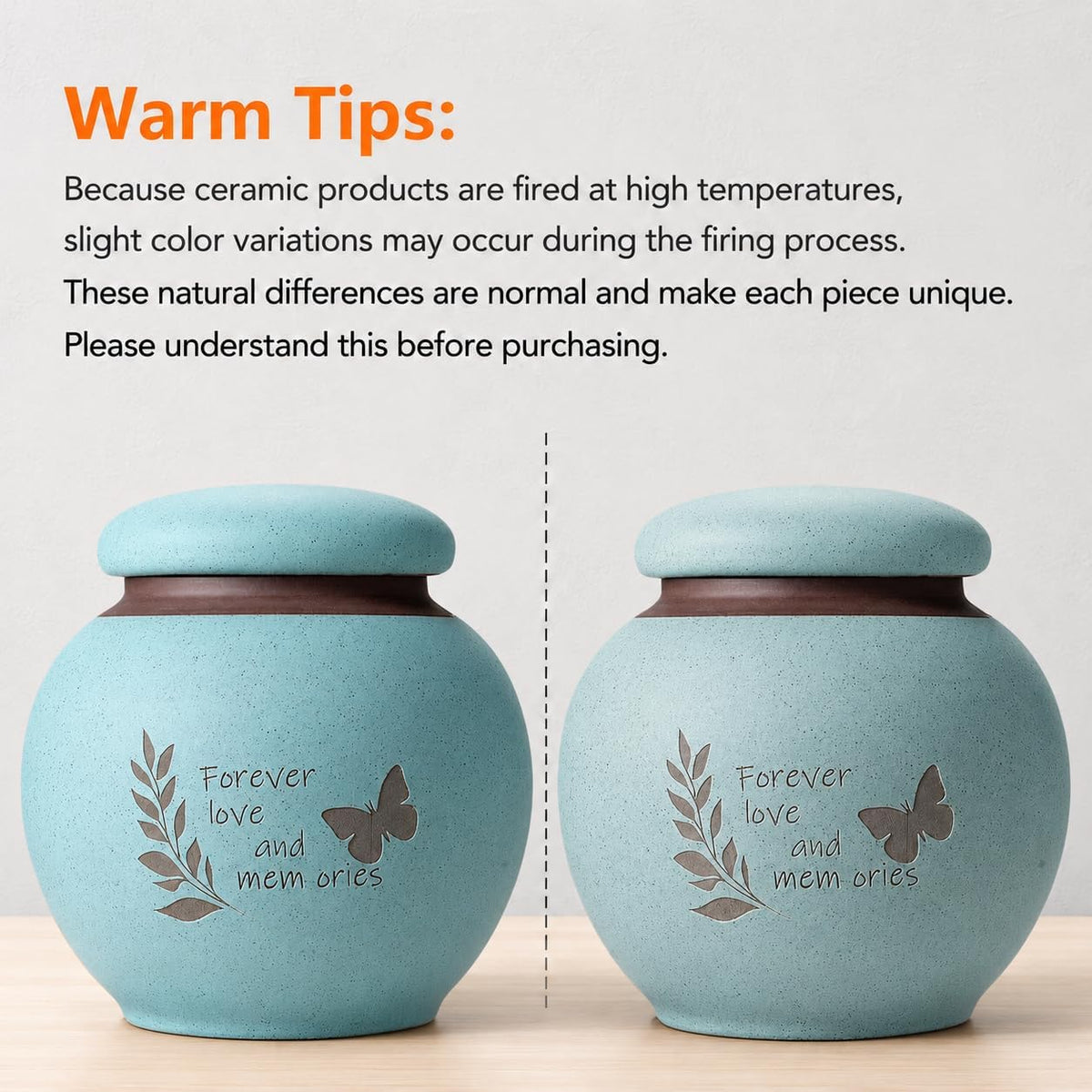 Small Pet Urn for Ashes, Dog and Cat Cremation Urn, Cyan Ceramic Memorial Keepsake Urn with Butterfly and Leaf Design, Cloth-Lined Lid, 350 Ml / 21.4 Cubic Inches, for Small Dogs and Cats up to 20 Lbs