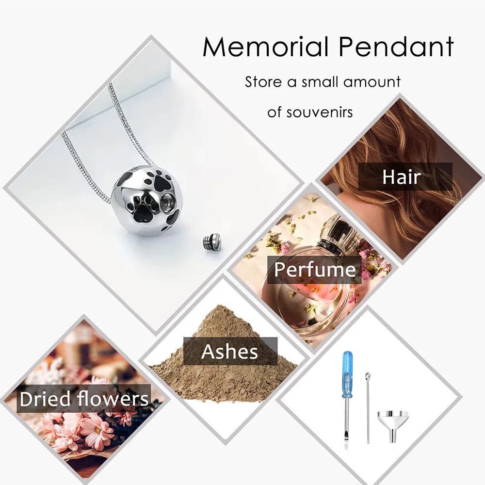 Paw Urn Cremation Necklace Silver Dog Cat Pet Paw Print Cremation Jewelry for Pet Ashes Animal Keepsake Memorial Charm Pendant