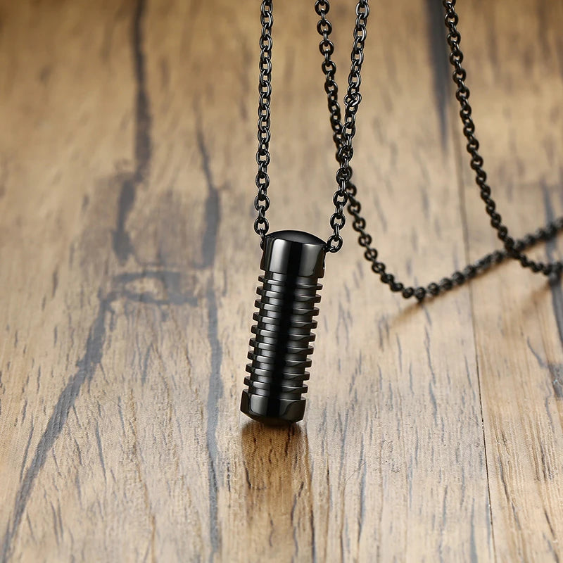 Stylish Screw Design Cylinder Memorial Urn Necklaces for Men Black Color Stainless Steel Cremation Keepsake Gifts Jewelry