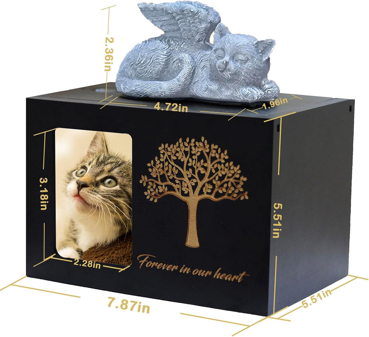 Pet Urn for Cat Ashes,Cat Keepsake, Wooden Cat Memorial Box Urn with Photo Frame, Resin Angel Cat and Ashes Bag