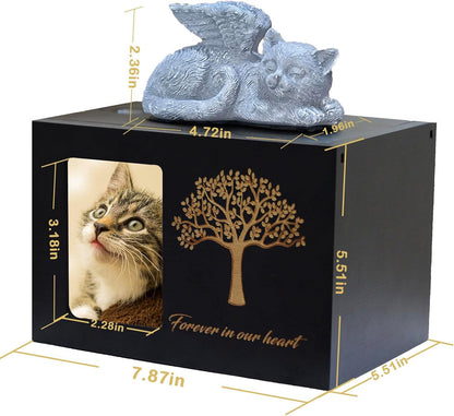 Pet Urn for Cat Ashes,Cat Keepsake, Wooden Cat Memorial Box Urn with Photo Frame, Resin Angel Cat and Ashes Bag