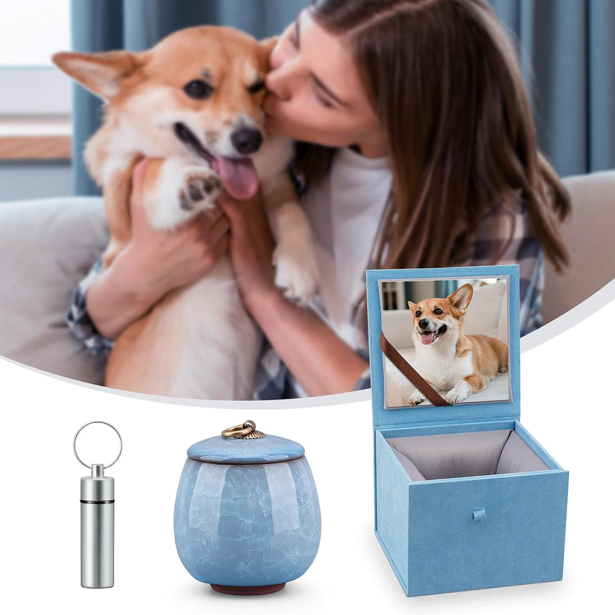Mini Pet Urn, Small Pet Memorial Urn Handmade Ceramic Pet Urn Suitable for Home or Office Urn with Delicate Box - Blue (Blue)