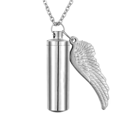 Angel Wings Ashes Necklace Black/Silver Stainless Steel Pendant Necklace Cremation Jewelry for Human Ashes Cylindr Ash Holder