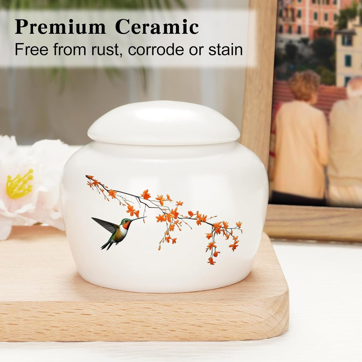 Small Urns for Human Ashes Keepsake Mini Cremation Urns for Ashes Ceramic Cremation Keepsakes Memorial Ash Keepsake with Hummingbird and Maple Blossom Decorative Burial Urn for Adult Men Women