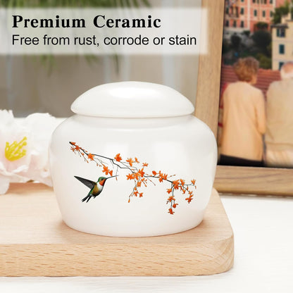 Small Urns for Human Ashes Keepsake Mini Cremation Urns for Ashes Ceramic Cremation Keepsakes Memorial Ash Keepsake with Hummingbird and Maple Blossom Decorative Burial Urn for Adult Men Women