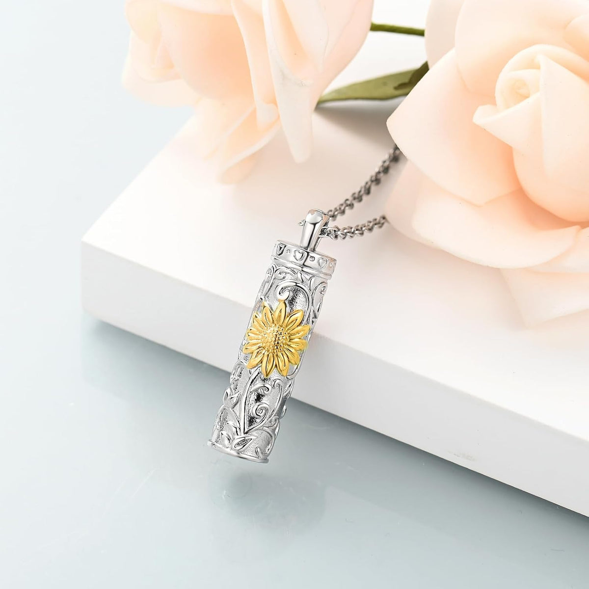 Cylinder Urn Necklace for Ashes for Women Men Sunflower Cremation Jewelry Vial Memorial Loved One Pendant