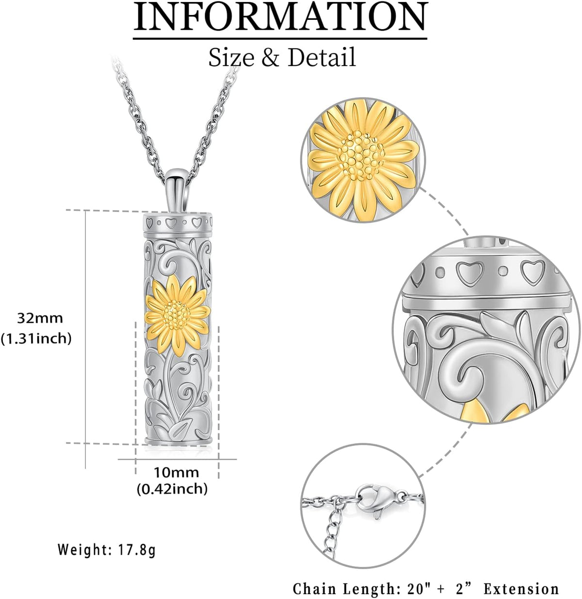 Cylinder Urn Necklace for Ashes for Women Men Sunflower Cremation Jewelry Vial Memorial Loved One Pendant