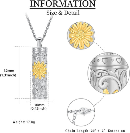 Cylinder Urn Necklace for Ashes for Women Men Sunflower Cremation Jewelry Vial Memorial Loved One Pendant