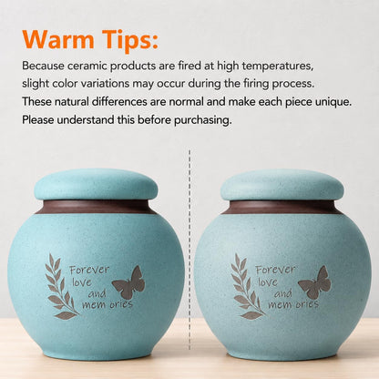 Small Pet Urn for Ashes, Dog and Cat Cremation Urn, Cyan Ceramic Memorial Keepsake Urn with Butterfly and Leaf Design, Cloth-Lined Lid, 350 Ml / 21.4 Cubic Inches, for Small Dogs and Cats up to 20 Lbs