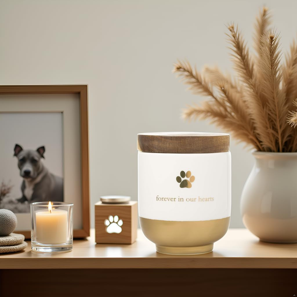 Pet Ceramic Forever in Our Hearts Urn, Pet Memorial, Gold