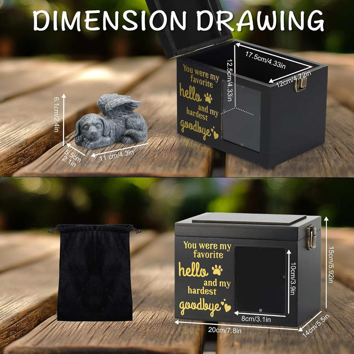 Large Dog Urn for Ashes, Black Memory Box with Photo Frame