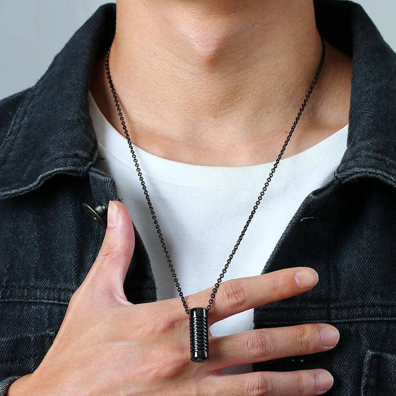 Stylish Screw Design Cylinder Memorial Urn Necklaces for Men Black Color Stainless Steel Cremation Keepsake Gifts Jewelry