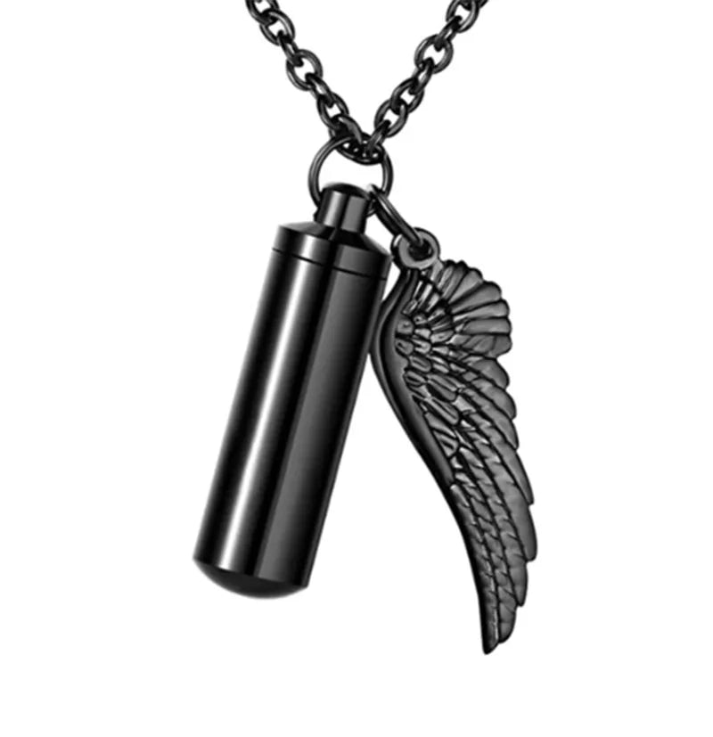 Angel Wings Ashes Necklace Black/Silver Stainless Steel Pendant Necklace Cremation Jewelry for Human Ashes Cylindr Ash Holder