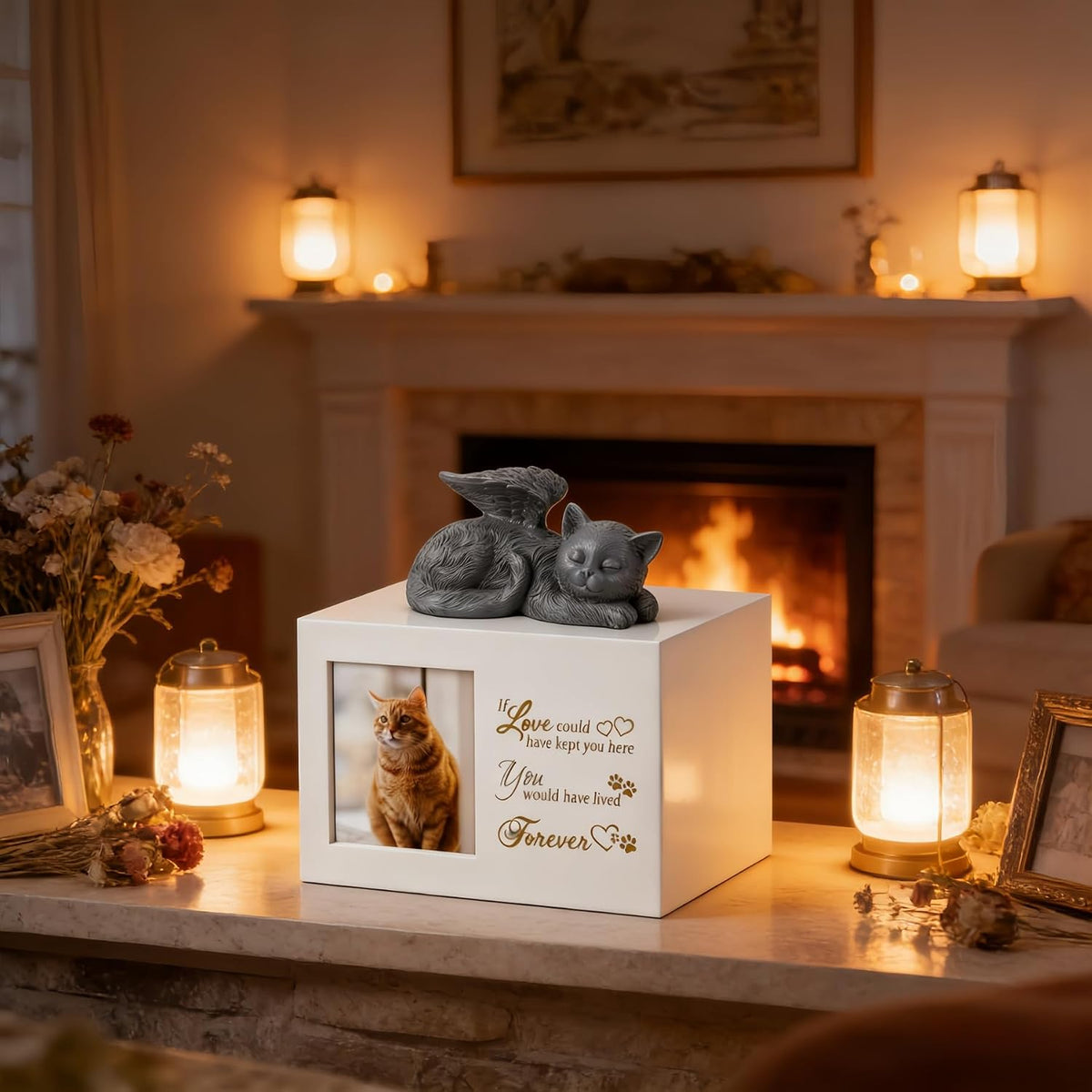 Cat Memorial Urn for Ashes - Wooden Cat Keepsake Box with Photo Frame, Resin Angel Statue & Velvet Ash Bag, Pet Loss Remembrance Gift (White)