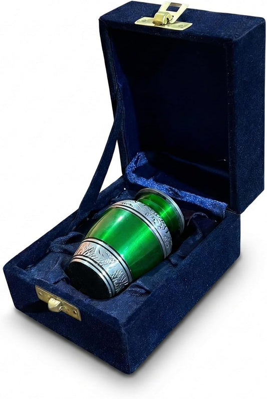 Small Green Floral Aluminum Mini Urn - Decorative Keepsake for Human or Pet Ashes