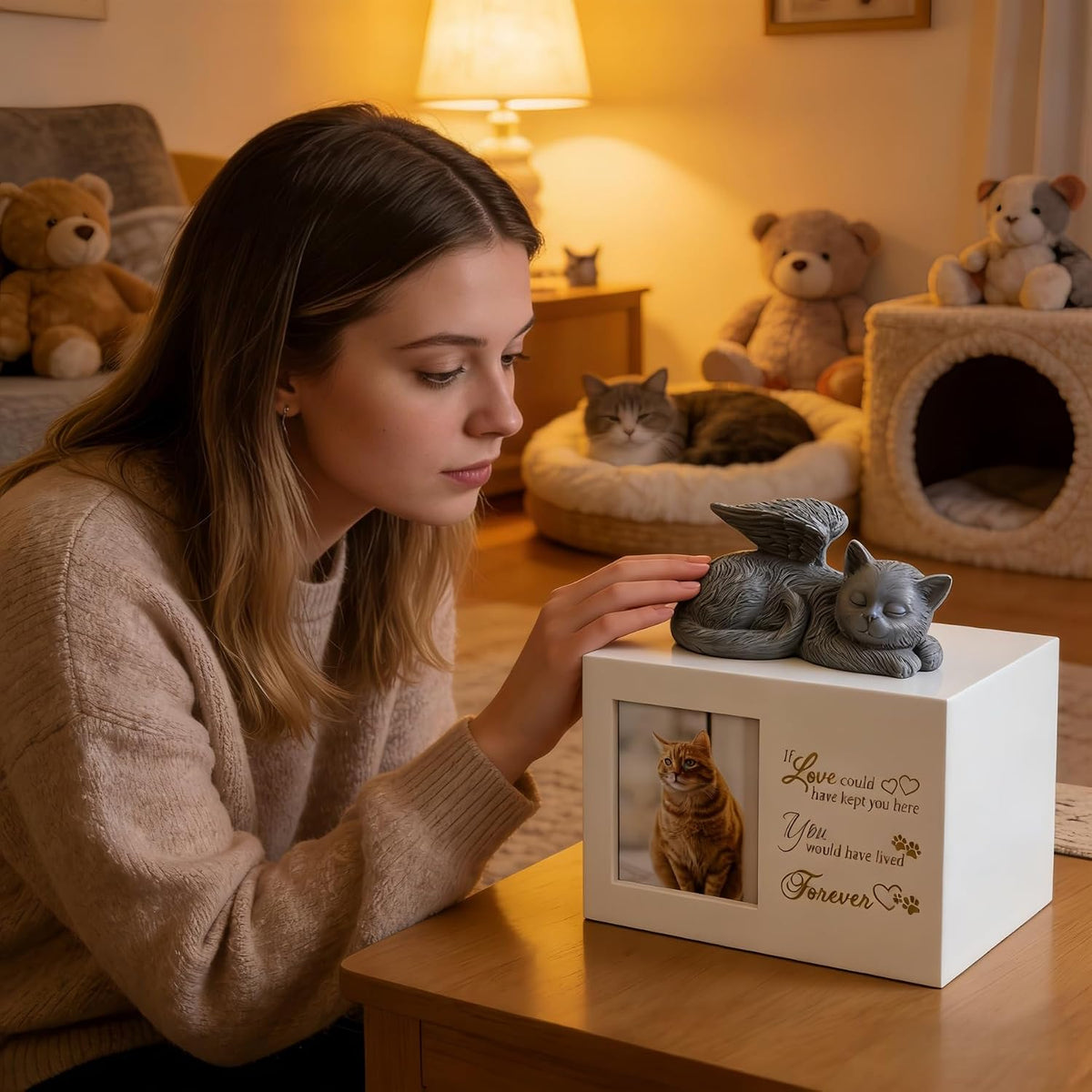 Cat Memorial Urn for Ashes - Wooden Cat Keepsake Box with Photo Frame, Resin Angel Statue & Velvet Ash Bag, Pet Loss Remembrance Gift (White)