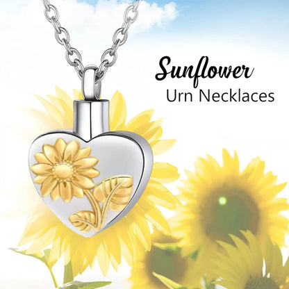 Sunflower Heart Ashes Urn Locket Necklace Stainless Steel Urn Necklace for Ashes Memorial Keepsake Jewelry for Human Pet