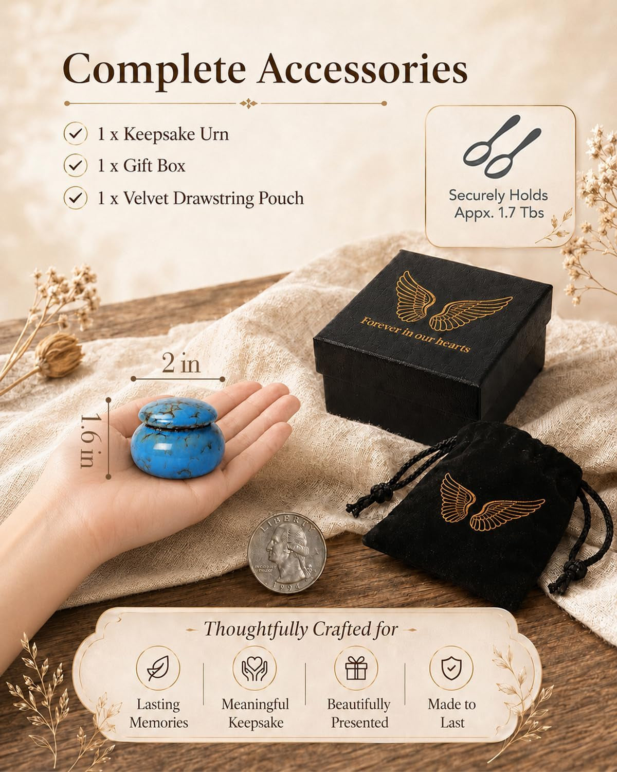Small Ceramic Keepsake Urn, 1.6'' with Velvet Bag and Box