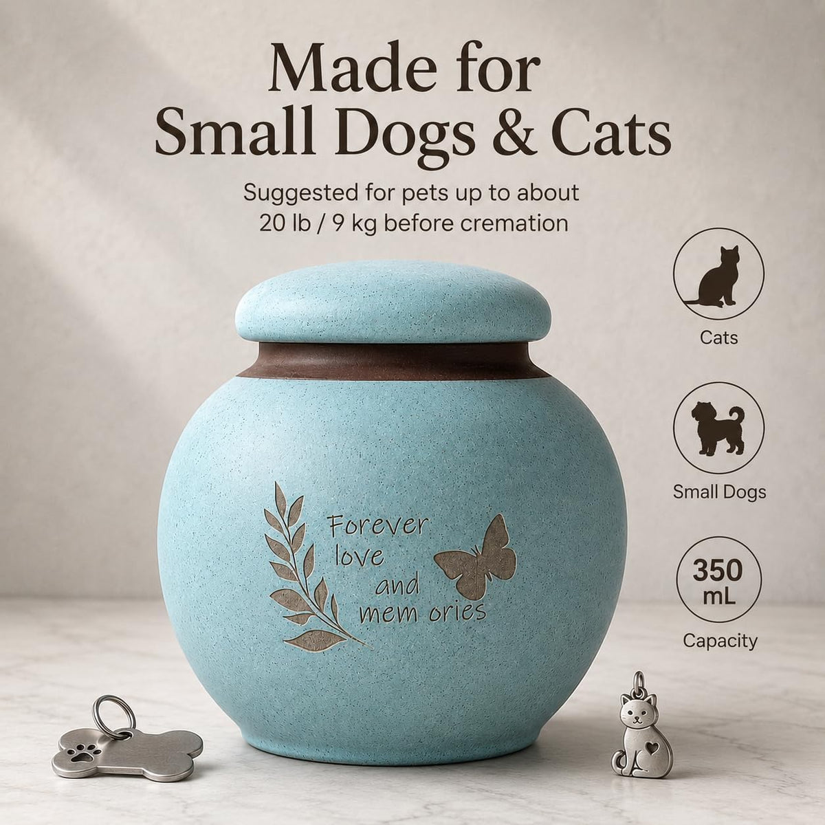 Small Pet Urn for Ashes, Dog and Cat Cremation Urn, Cyan Ceramic Memorial Keepsake Urn with Butterfly and Leaf Design, Cloth-Lined Lid, 350 Ml / 21.4 Cubic Inches, for Small Dogs and Cats up to 20 Lbs