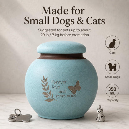 Small Pet Urn for Ashes, Dog and Cat Cremation Urn, Cyan Ceramic Memorial Keepsake Urn with Butterfly and Leaf Design, Cloth-Lined Lid, 350 Ml / 21.4 Cubic Inches, for Small Dogs and Cats up to 20 Lbs