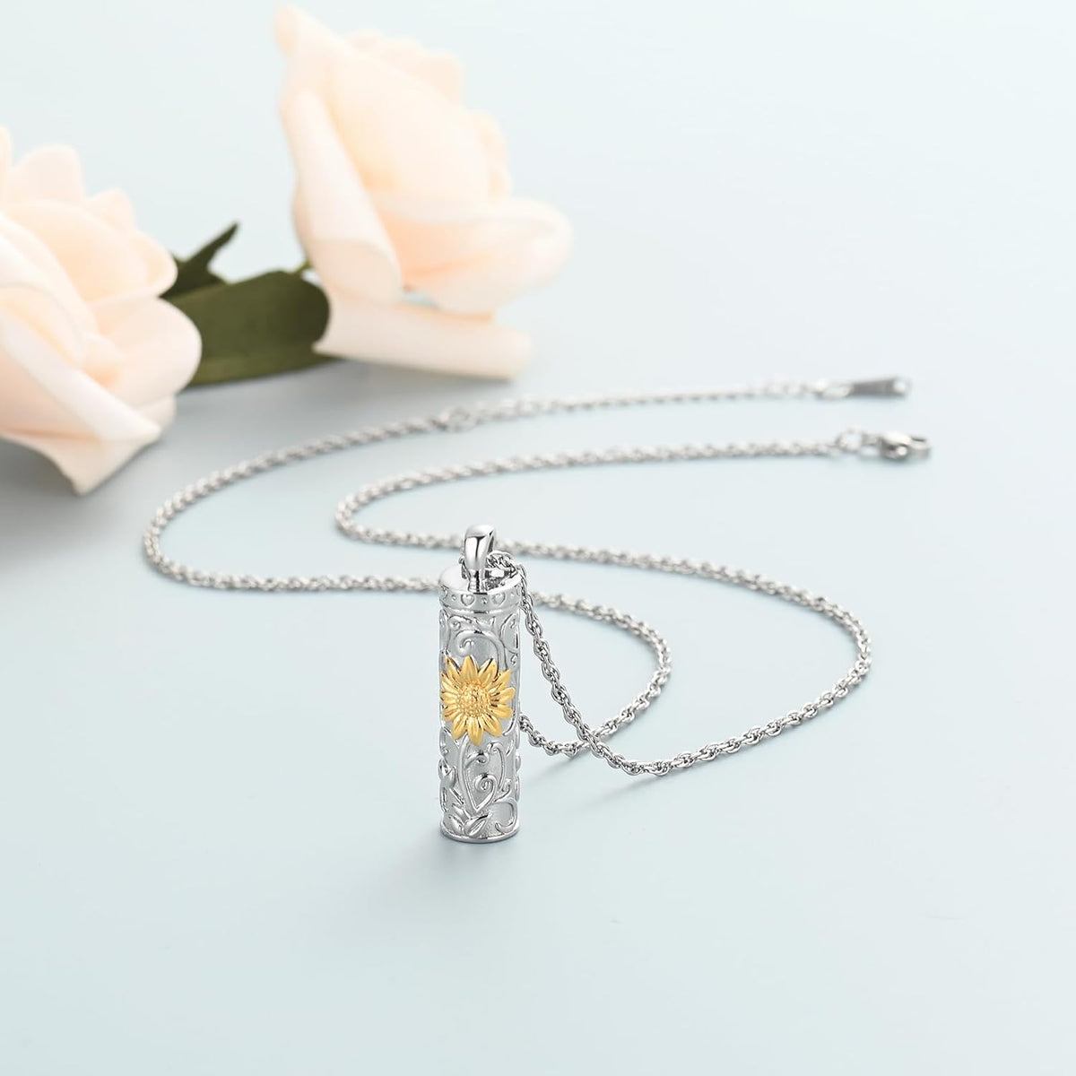Cylinder Urn Necklace for Ashes for Women Men Sunflower Cremation Jewelry Vial Memorial Loved One Pendant
