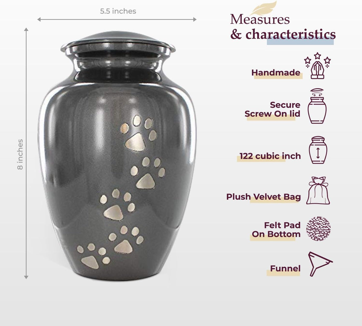 Pet Urn for Dogs and Cats Ashes, Paws Print Grey Cremation Urns for Pets - Grey, Large up to 122Lb