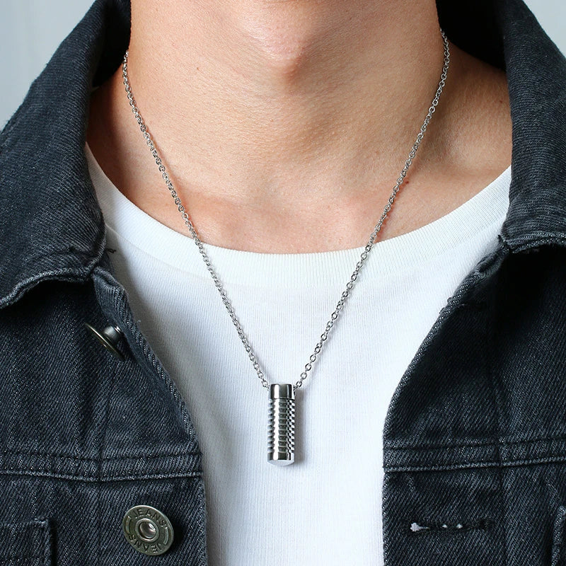 Stylish Screw Design Cylinder Memorial Urn Necklaces for Men Black Color Stainless Steel Cremation Keepsake Gifts Jewelry