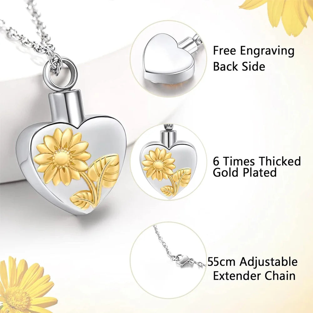 Sunflower Heart Ashes Urn Locket Necklace Stainless Steel Urn Necklace for Ashes Memorial Keepsake Jewelry for Human Pet