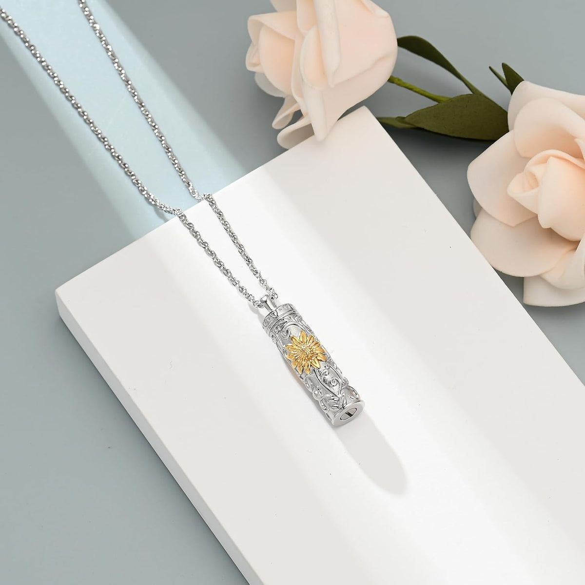 Cylinder Urn Necklace for Ashes for Women Men Sunflower Cremation Jewelry Vial Memorial Loved One Pendant