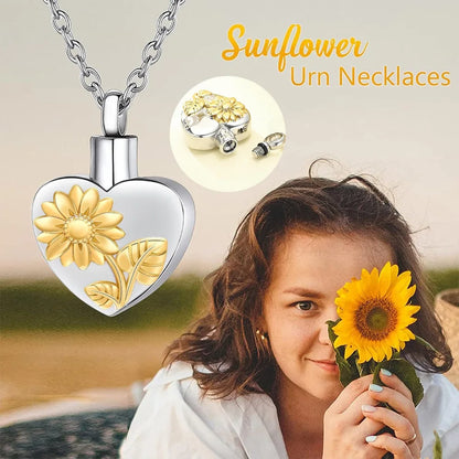 Sunflower Heart Ashes Urn Locket Necklace Stainless Steel Urn Necklace for Ashes Memorial Keepsake Jewelry for Human Pet