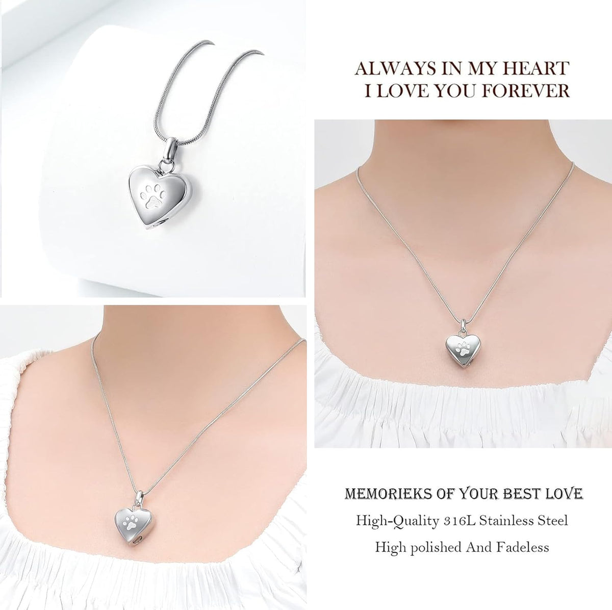 Pet Cremation Jewelry for Ashes Pendant Paw Print Pet Heart Urn Necklace Memorial Keepsake Jewelry for Pet/Dog'S/Cat'S Ashes