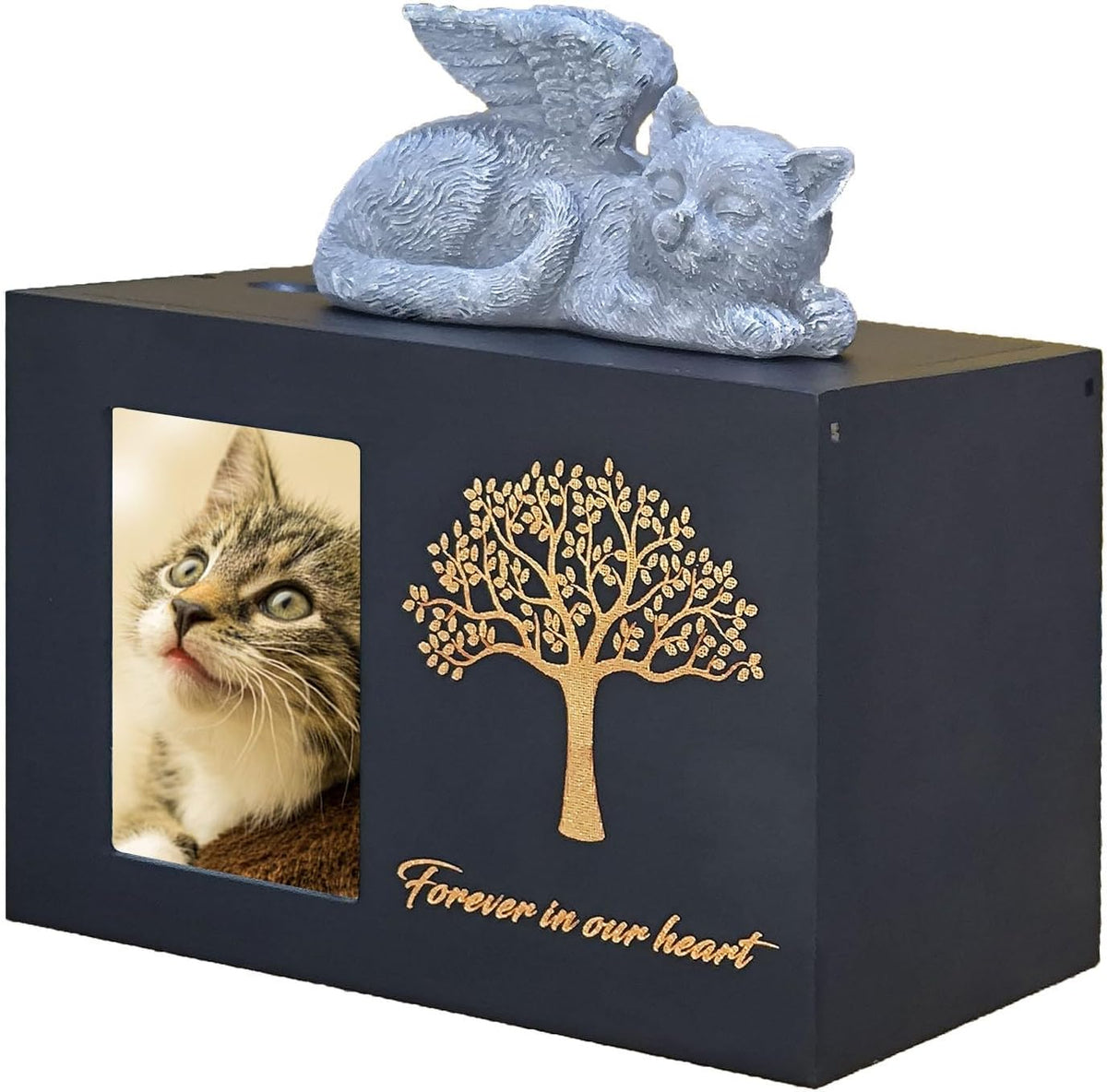 Pet Urn for Cat Ashes,Cat Keepsake, Wooden Cat Memorial Box Urn with Photo Frame, Resin Angel Cat and Ashes Bag