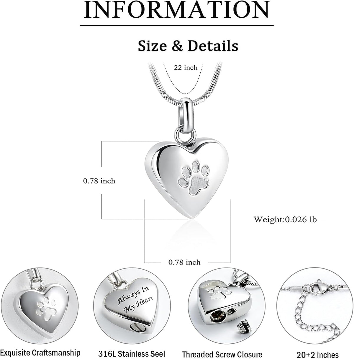 Pet Cremation Jewelry for Ashes Pendant Paw Print Pet Heart Urn Necklace Memorial Keepsake Jewelry for Pet/Dog'S/Cat'S Ashes