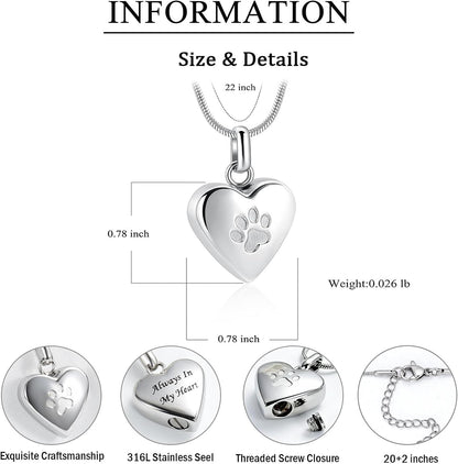 Pet Cremation Jewelry for Ashes Pendant Paw Print Pet Heart Urn Necklace Memorial Keepsake Jewelry for Pet/Dog'S/Cat'S Ashes