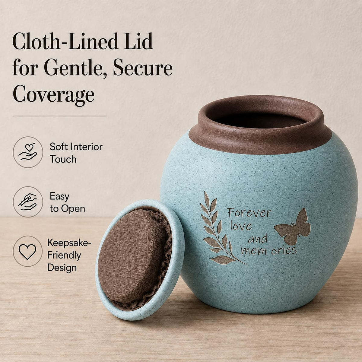 Small Pet Urn for Ashes, Dog and Cat Cremation Urn, Cyan Ceramic Memorial Keepsake Urn with Butterfly and Leaf Design, Cloth-Lined Lid, 350 Ml / 21.4 Cubic Inches, for Small Dogs and Cats up to 20 Lbs