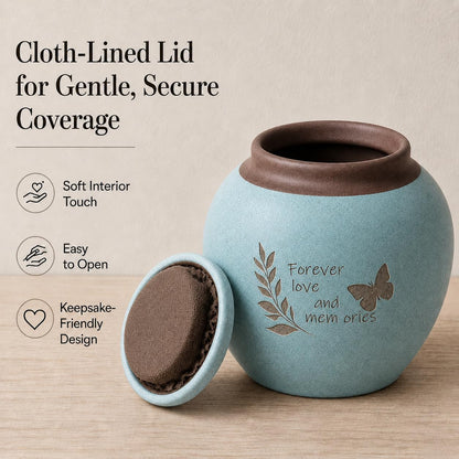 Small Pet Urn for Ashes, Dog and Cat Cremation Urn, Cyan Ceramic Memorial Keepsake Urn with Butterfly and Leaf Design, Cloth-Lined Lid, 350 Ml / 21.4 Cubic Inches, for Small Dogs and Cats up to 20 Lbs