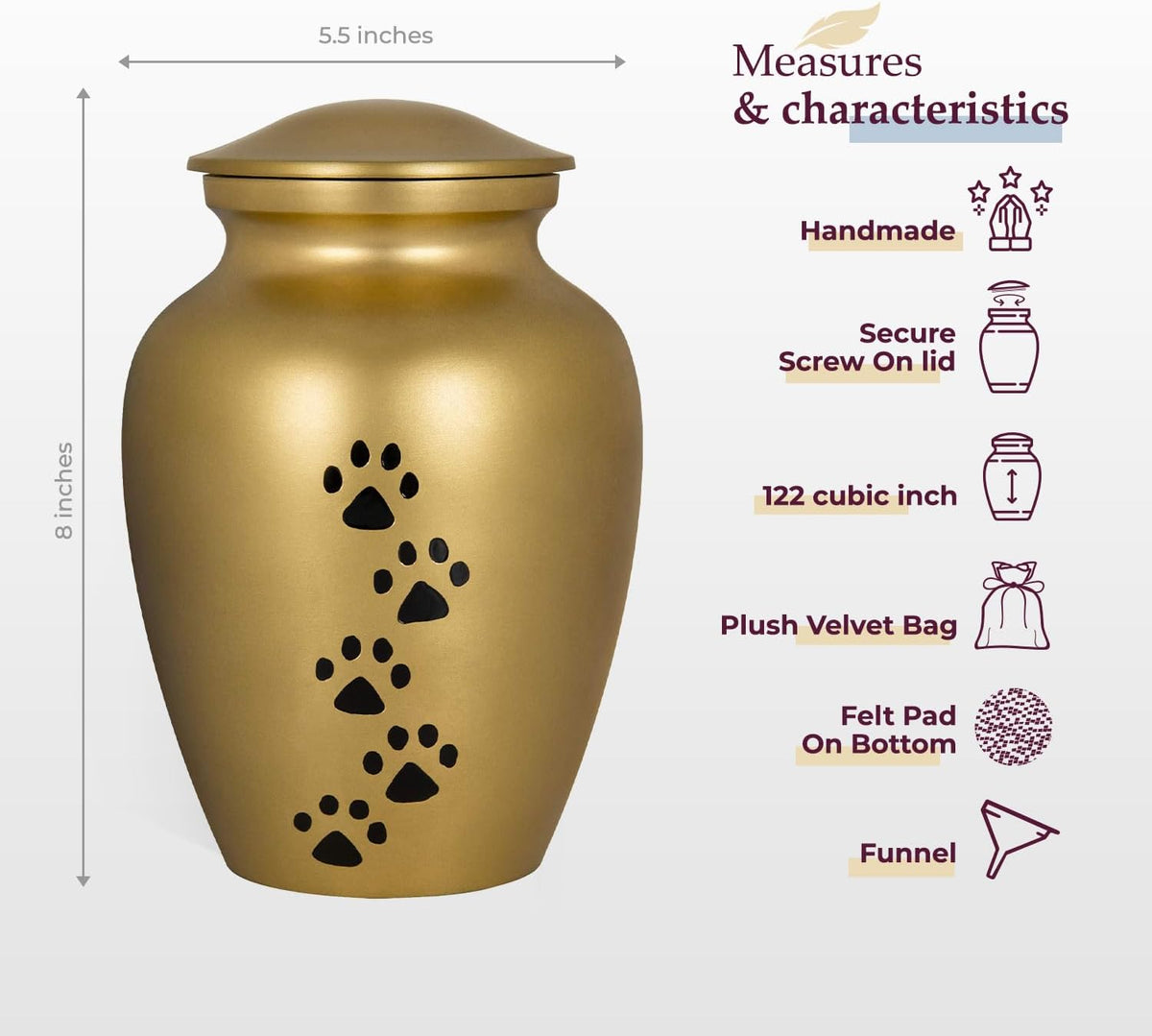 Pet Urn for Dogs and Cats Ashes, Paws Print Grey Cremation Urns for Pets - Gold, Large up to 122Lb