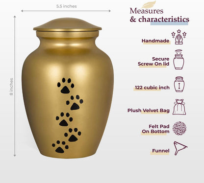 Pet Urn for Dogs and Cats Ashes, Paws Print Grey Cremation Urns for Pets - Gold, Large up to 122Lb