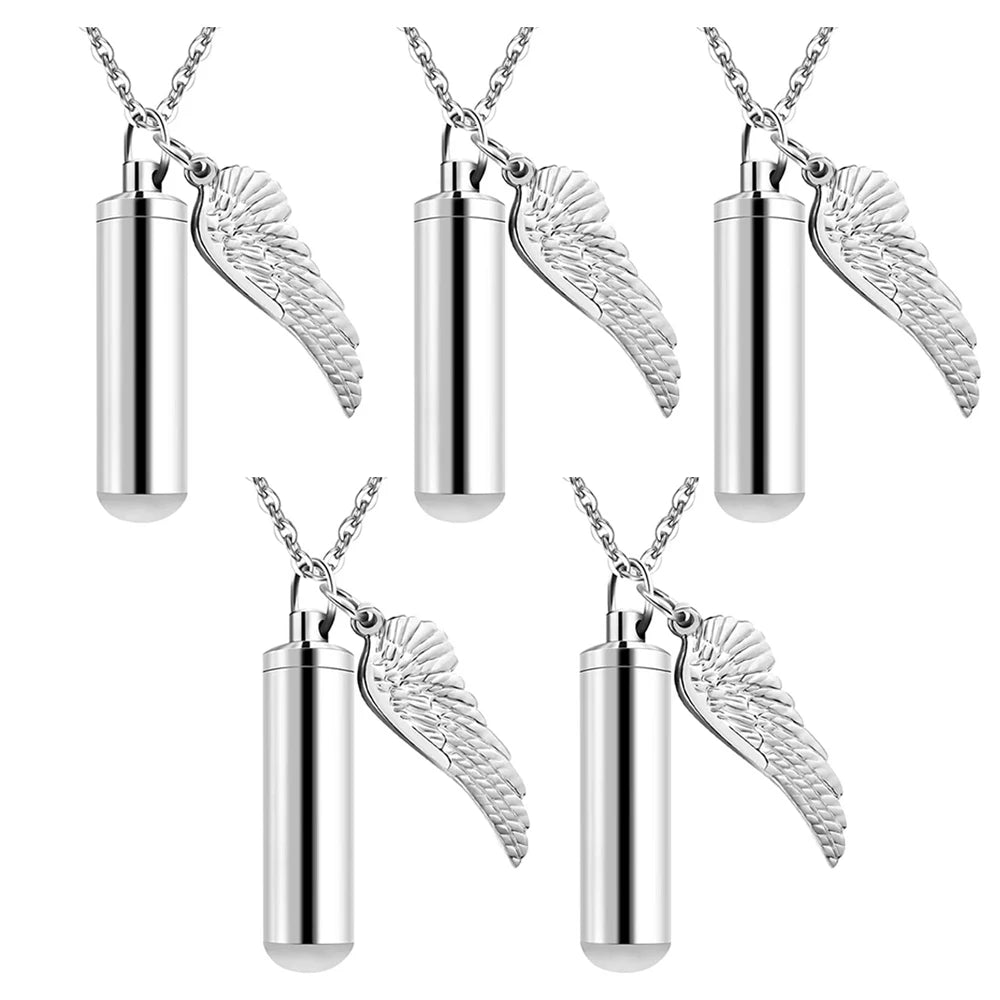 Angel Wings Ashes Necklace Black/Silver Stainless Steel Pendant Necklace Cremation Jewelry for Human Ashes Cylindr Ash Holder