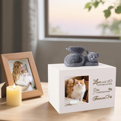 Cat Memorial Urn for Ashes - Wooden Cat Keepsake Box with Photo Frame, Resin Angel Statue & Velvet Ash Bag, Pet Loss Remembrance Gift (White)