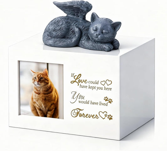 Cat Memorial Urn for Ashes - Wooden Cat Keepsake Box with Photo Frame, Resin Angel Statue & Velvet Ash Bag, Pet Loss Remembrance Gift (White)