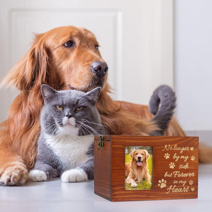 Pet Memorial Urn for Dog or Cat Ashes Wooden Dog Urns Keepsake Memory Box Cremation Urns with Photo Frame