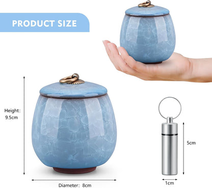Mini Pet Urn, Small Pet Memorial Urn Handmade Ceramic Pet Urn Suitable for Home or Office Urn with Delicate Box - Blue (Blue)