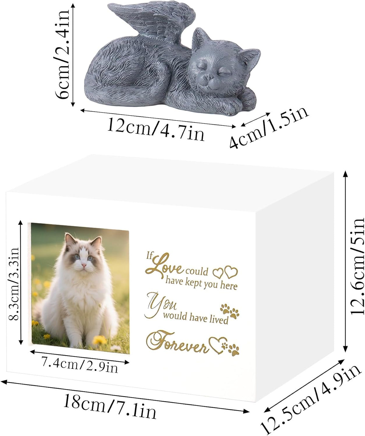 Cat Memorial Urn for Ashes - Wooden Cat Keepsake Box with Photo Frame, Resin Angel Statue & Velvet Ash Bag, Pet Loss Remembrance Gift (White)