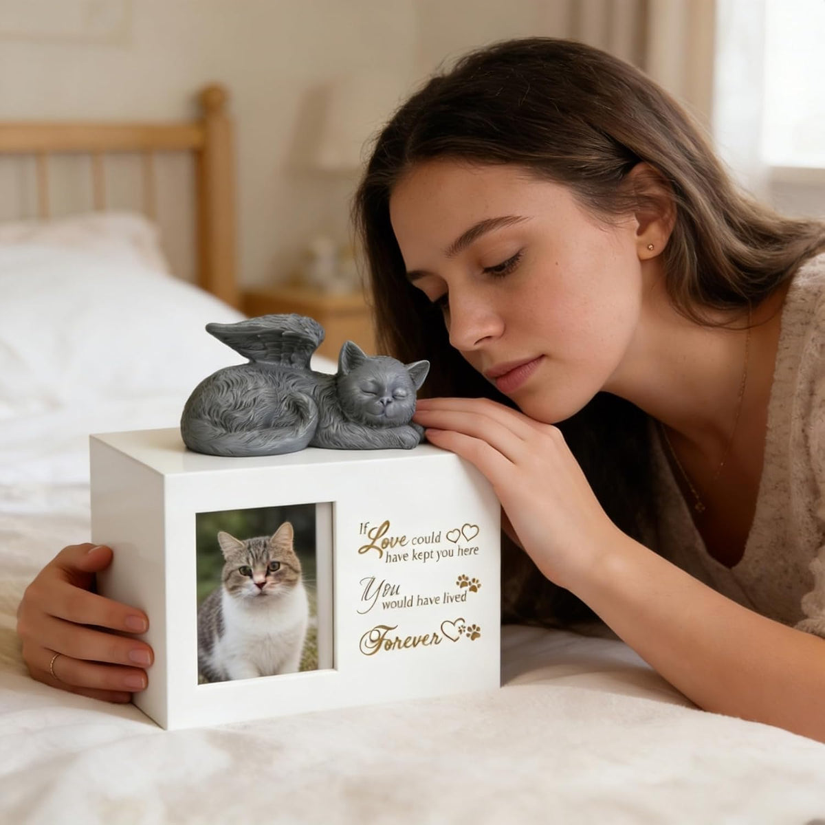 Cat Memorial Urn for Ashes - Wooden Cat Keepsake Box with Photo Frame, Resin Angel Statue & Velvet Ash Bag, Pet Loss Remembrance Gift (White)