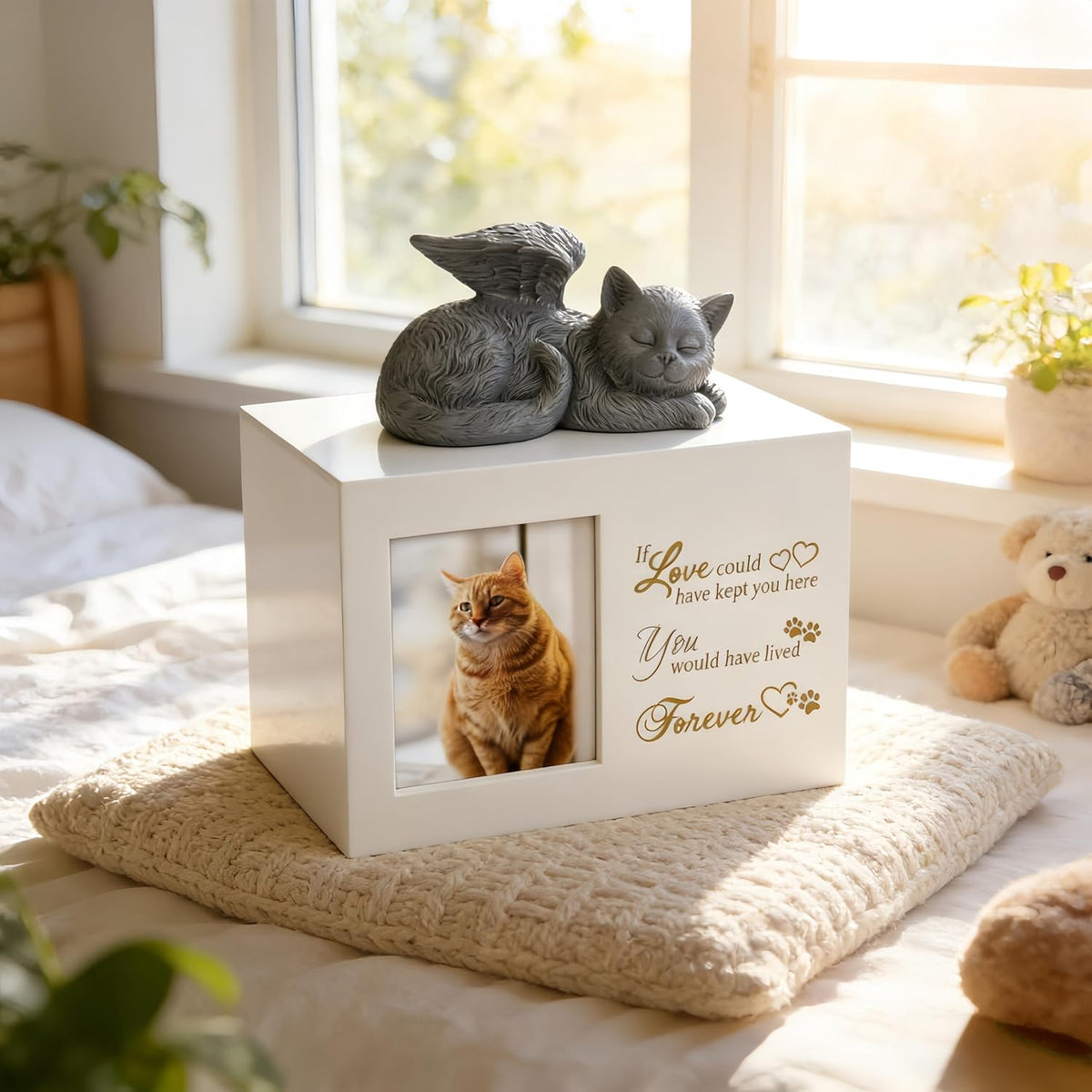 Cat Memorial Urn for Ashes - Wooden Cat Keepsake Box with Photo Frame, Resin Angel Statue & Velvet Ash Bag, Pet Loss Remembrance Gift (White)