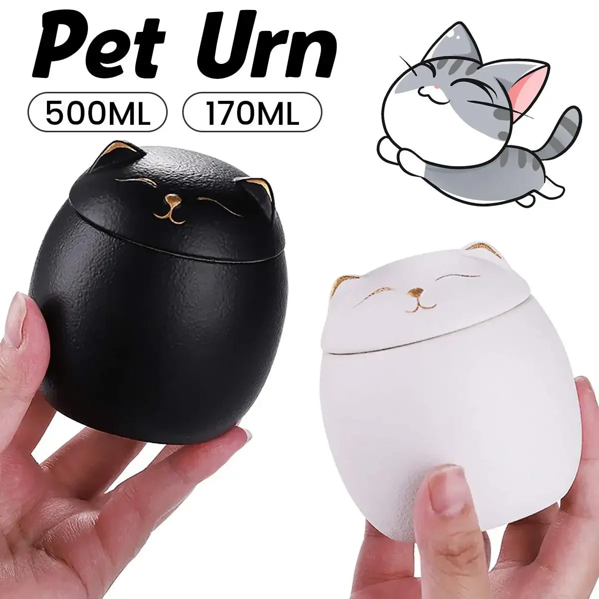 500Ml Black/White Urn for Pet Ashes Cat Shape Memorial Cremation Urns-Handcrafted Decorative Urns for Funeral Cat Urn Dog Urn