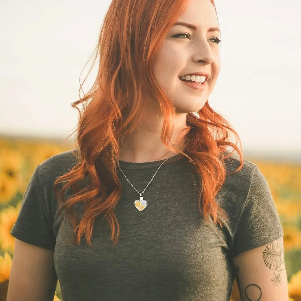 Sunflower Heart Ashes Urn Locket Necklace Stainless Steel Urn Necklace for Ashes Memorial Keepsake Jewelry for Human Pet