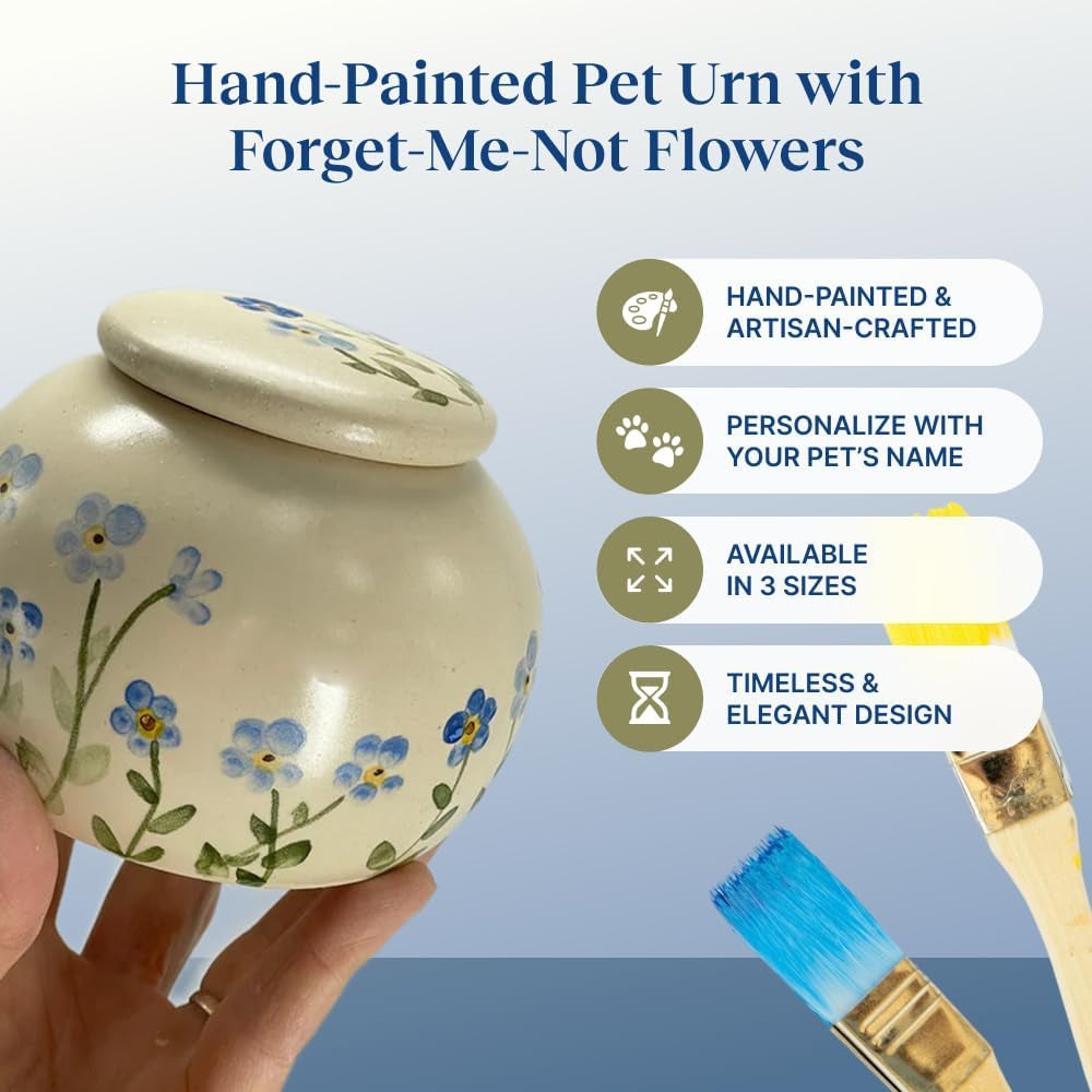 Pet Ceramic Urn – Handcrafted Memorial Urns for Dogs & Cats – Keepsake for Ashes, Small Urn with Forget Me Not Design, Pet Loss Gift, Dog & Cat Remembrance Box - Blue