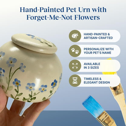 Pet Ceramic Urn – Handcrafted Memorial Urns for Dogs & Cats – Keepsake for Ashes, Small Urn with Forget Me Not Design, Pet Loss Gift, Dog & Cat Remembrance Box - Blue